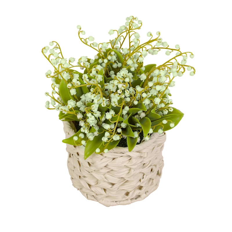 11" Lily-Of-The-Valley Flowers In White Basket