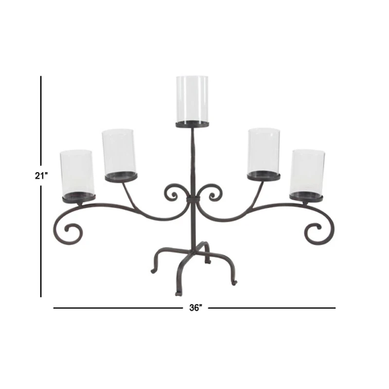 Traditional Black Metal and Glass 5-Light Candelabra, 21" x 36" x 13"