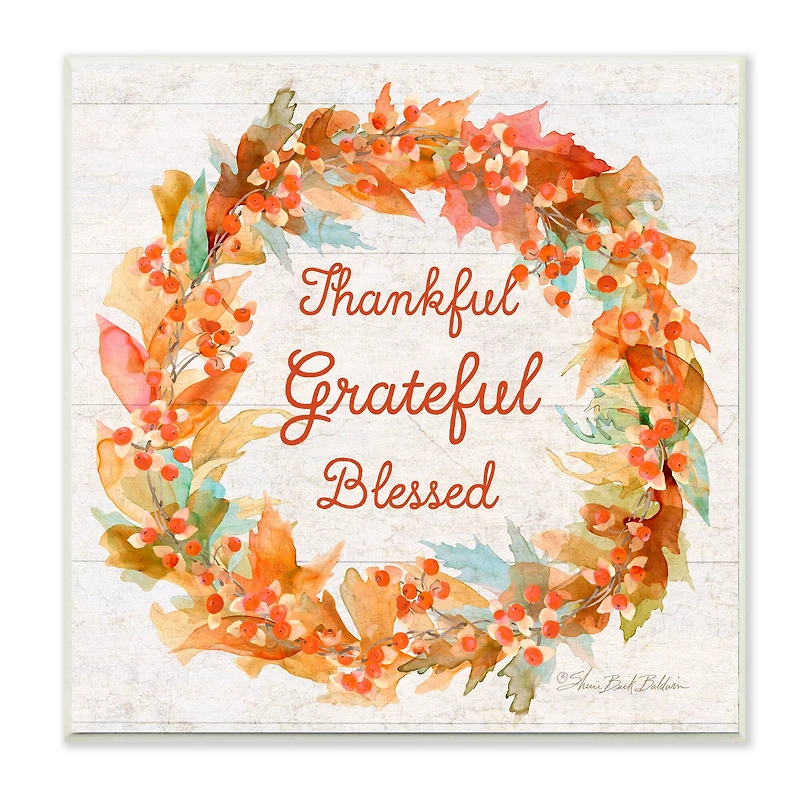 Stupell Industries Autumn Foliage Wreath Thankful Grateful Blessed Text Wood Wall Plaque