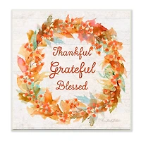 Stupell Industries Autumn Foliage Wreath Thankful Grateful Blessed Text Wood Wall Plaque
