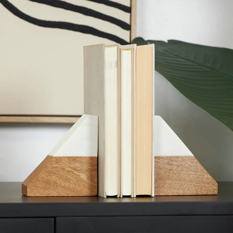 5" Marble & Wood Geometric Triangle Bookends Set