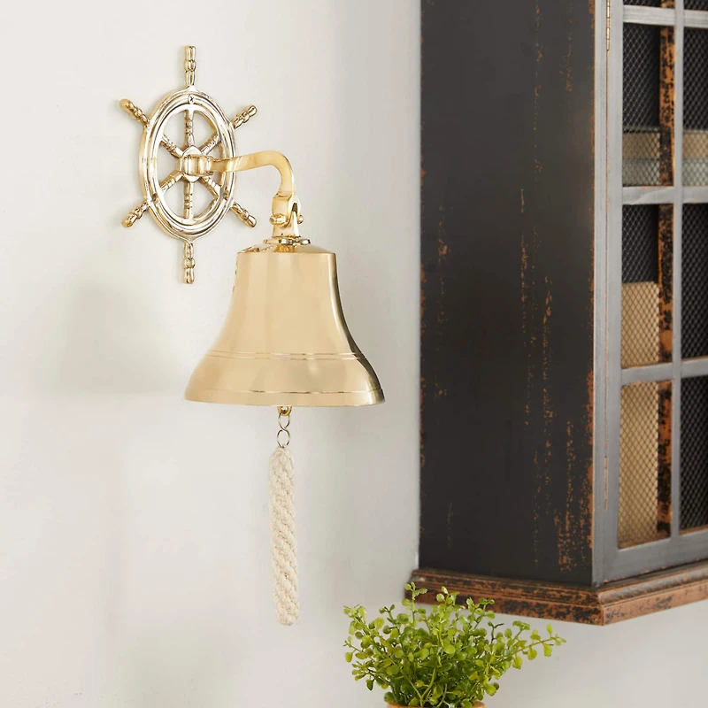 Gold Brass Bell Wall Decor with Ship wheel Backing 7" x 9" x 6"