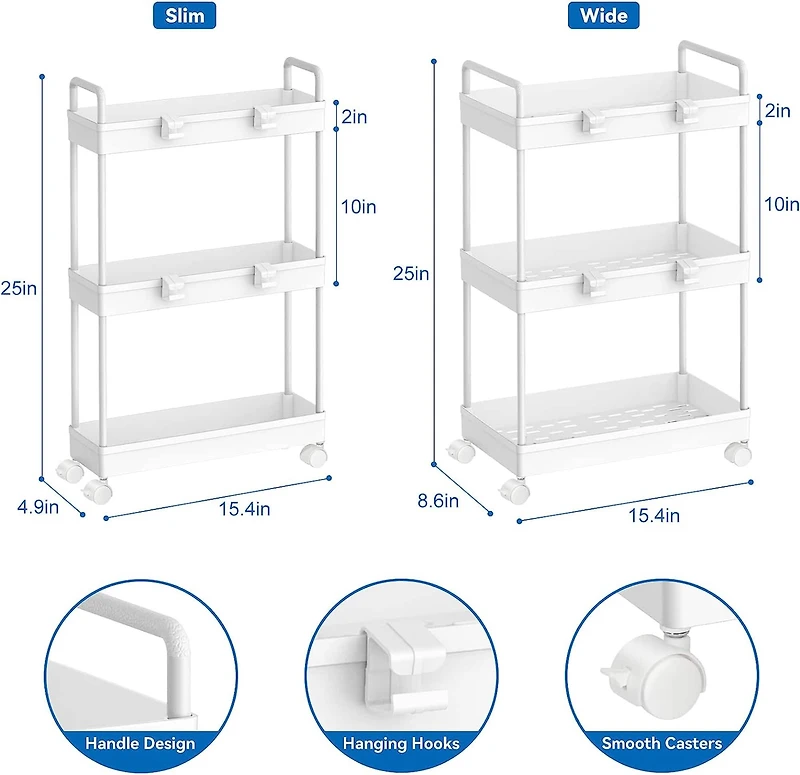 White 3-Tier Storage Kitchen Shelving Unit Rolling Rack Cart