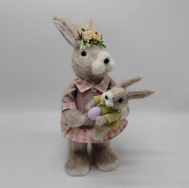 14.5" Brown & Rose Pink Mother Rabbit with Baby Bunny Easter Figure