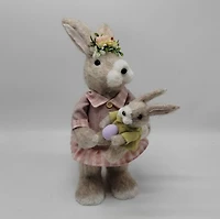 14.5" Brown & Rose Pink Mother Rabbit with Baby Bunny Easter Figure