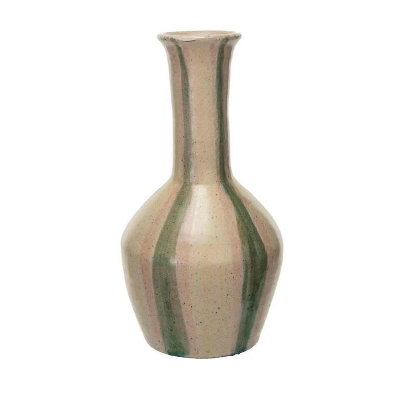 Hello Honey® 10.5" Green & Cream Hand-Painted Crackle Glaze Terra Cotta Vase with Tall Neck