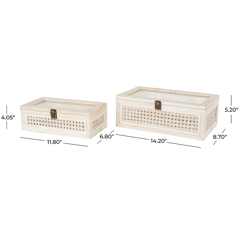 Cream Metal Handmade Woven Storage Box with Bronze Latches & Tempered Glass Tops Set
