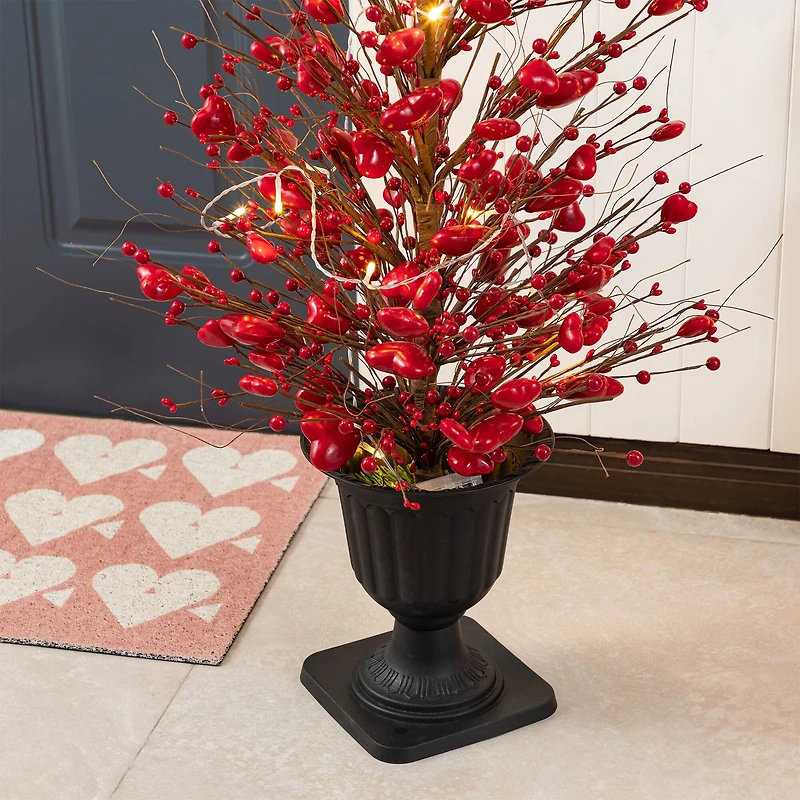 Glitzhome® 36" Valentine's Lighted Red Berry Heart Urn Porch Tree with Timer