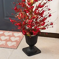 Glitzhome® 36" Valentine's Lighted Red Berry Heart Urn Porch Tree with Timer