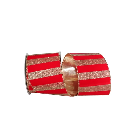 JAM Paper 4" x 10yd. Red & Gold Glitter Striped Wired Velvet Ribbon