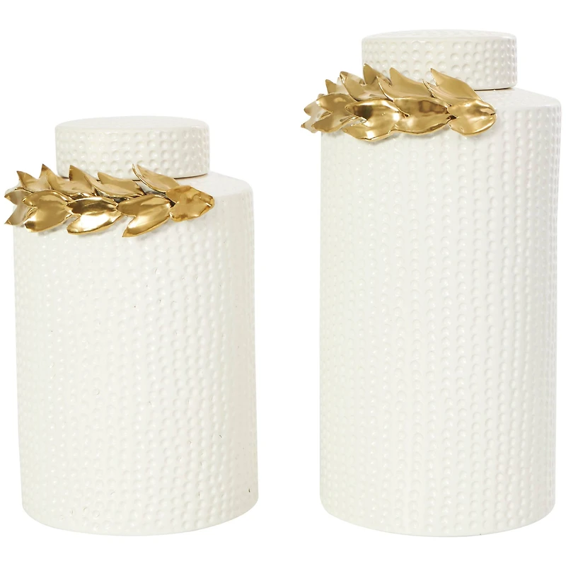 White Ceramic Decorative Jar Set with Abstract Spotted Pattern & Gold Leaf Accents
