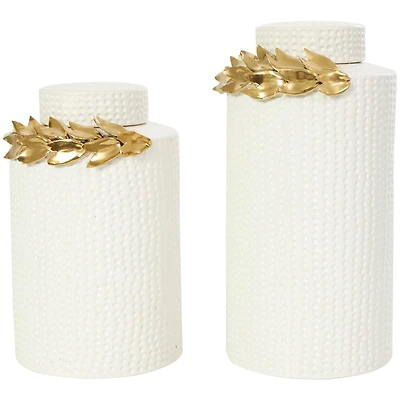 White Ceramic Decorative Jar Set with Abstract Spotted Pattern & Gold Leaf Accents