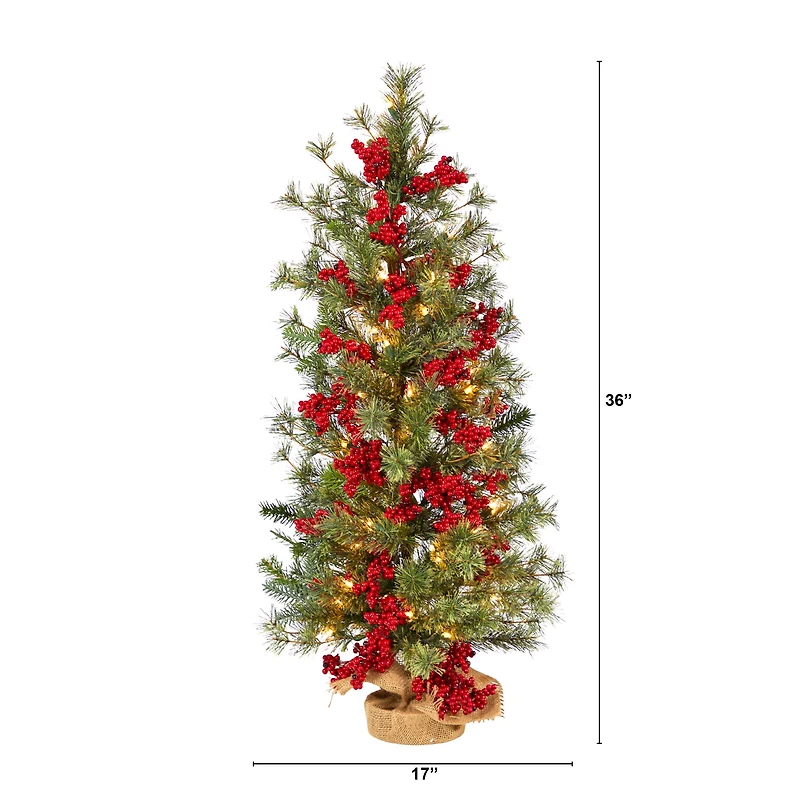 3ft. Pre-Lit Pine Artificial Christmas Tree with Berries and Burlap Base, Warm White Lights