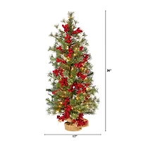 3ft. Pre-Lit Pine Artificial Christmas Tree with Berries and Burlap Base, Warm White Lights