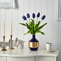 22" Blue Dutch Tulip Arrangement in Blue & Gold Designer Vase