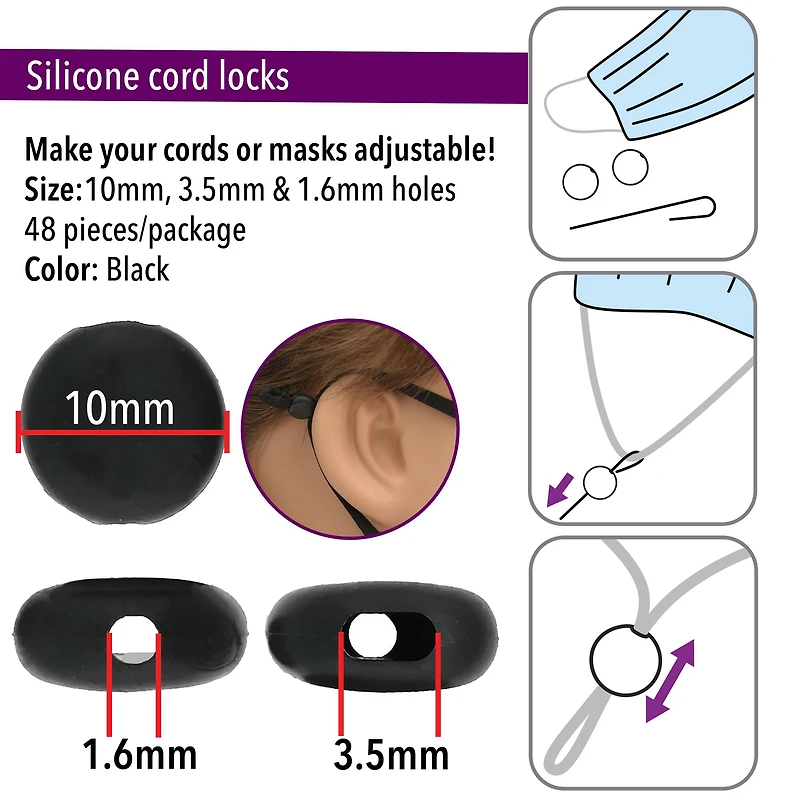 Fablastic™ Black Silicone Cord Locks, 10mm