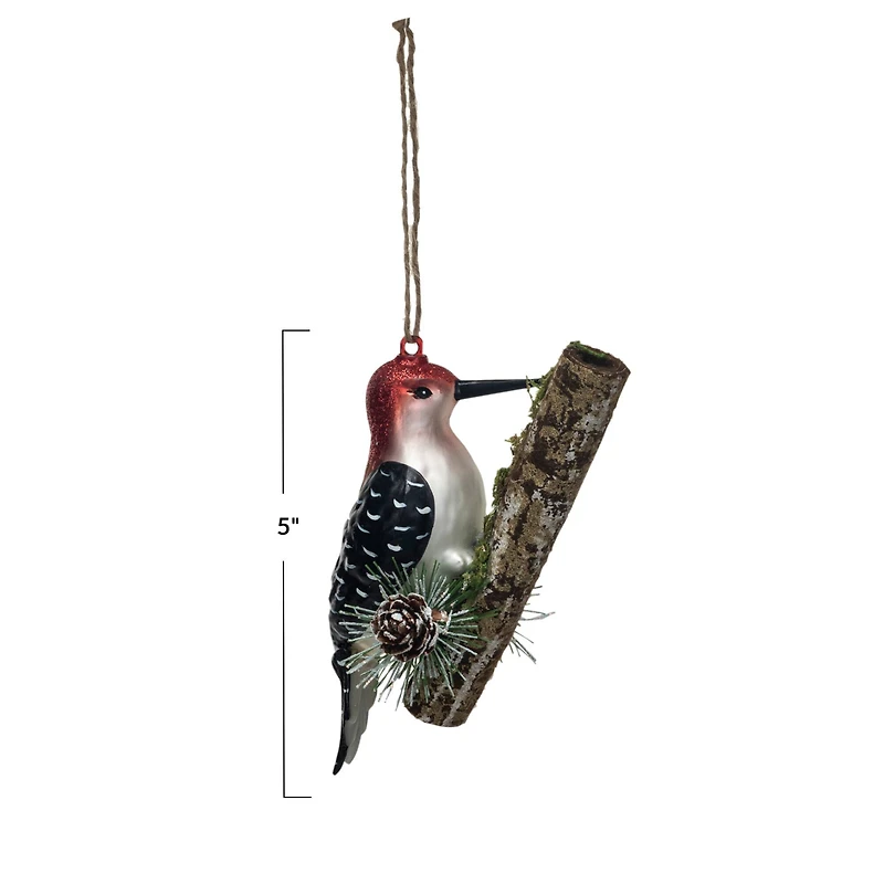 Hello Honey® 5" Woodpecker on Branch Glass Ornament with Glitter
