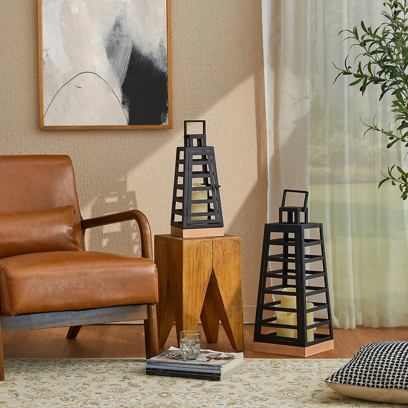 Glitzhome® Modern Trapezoid Metal & Wood Lanterns Set