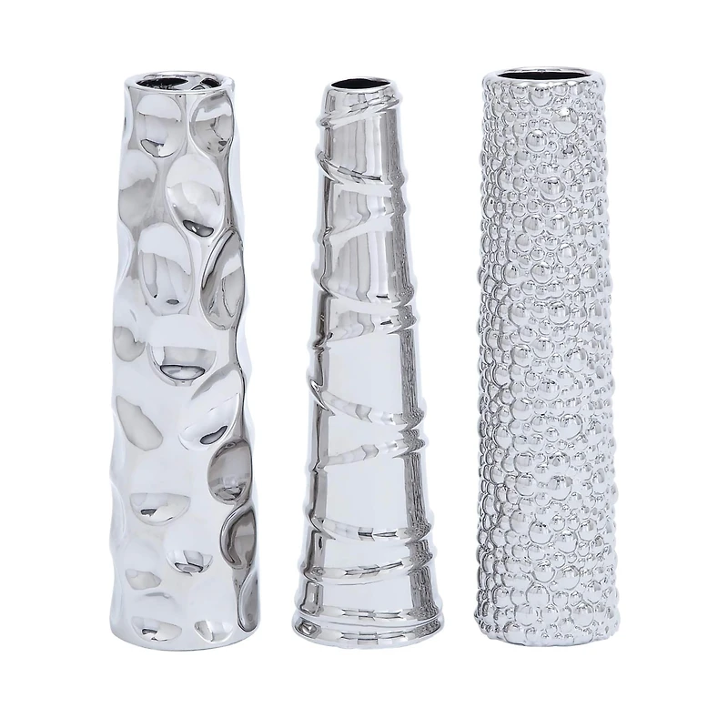 12" Silver Ceramic Abstract Glam Vase Set