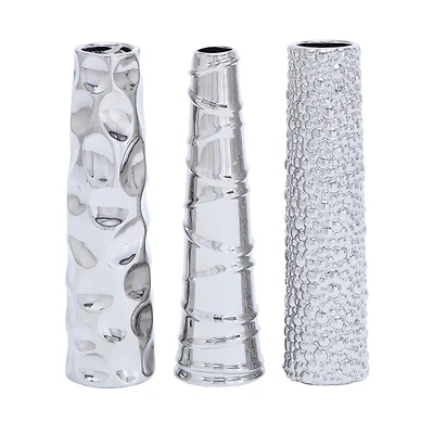 12" Silver Ceramic Abstract Glam Vase Set