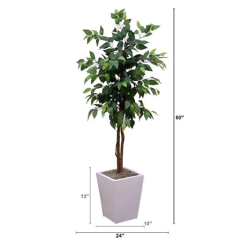 5ft. Artificial Ficus Tree in White Metal Square Planter
