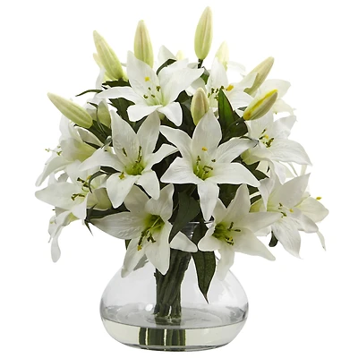 16" White Lily Silk Arrangement with Glass Vase