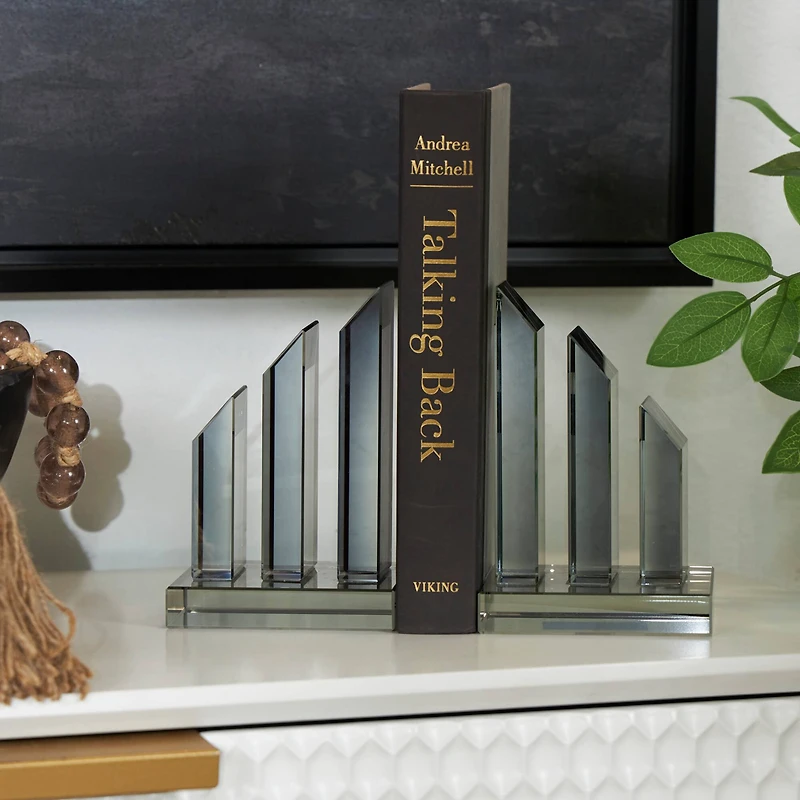 6" Silver Crystal Geometric Pyramid Bookends Set