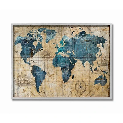 Stupell Industries Vintage World Map Design Wall Art in Gray Frame