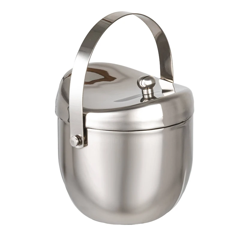 Hello Honey 1-Quart Stainless Steel Double-Wall Ice Bucket with Handle and Curved Lid, Brushed Nickel Finish