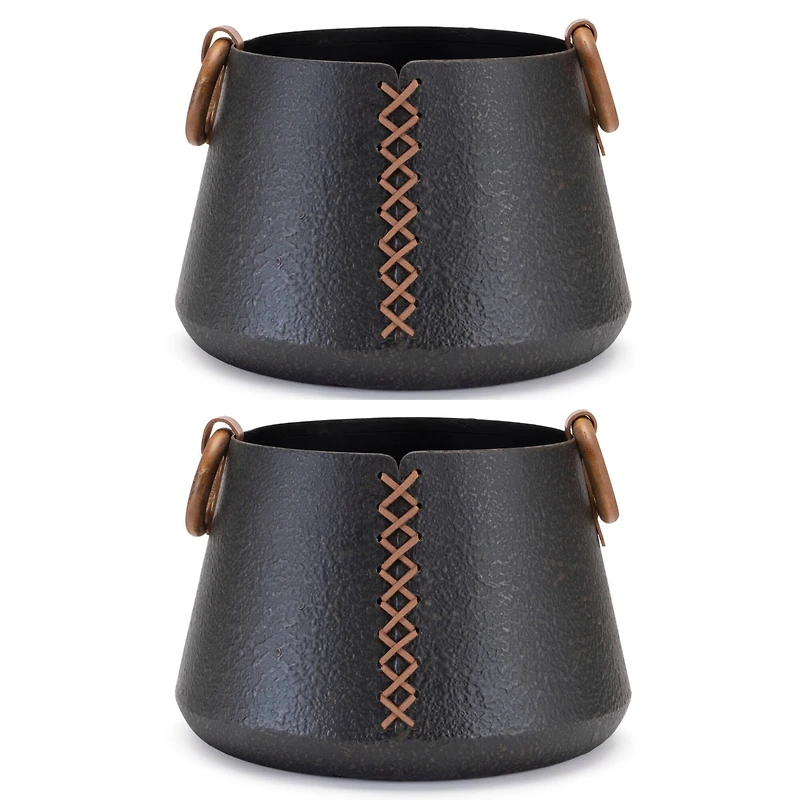 9" Iron Metal Vases with Leather Accents, 2ct.