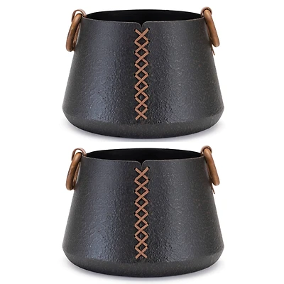 9" Iron Metal Vases with Leather Accents, 2ct.