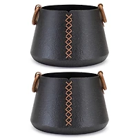 9" Iron Metal Vases with Leather Accents, 2ct.