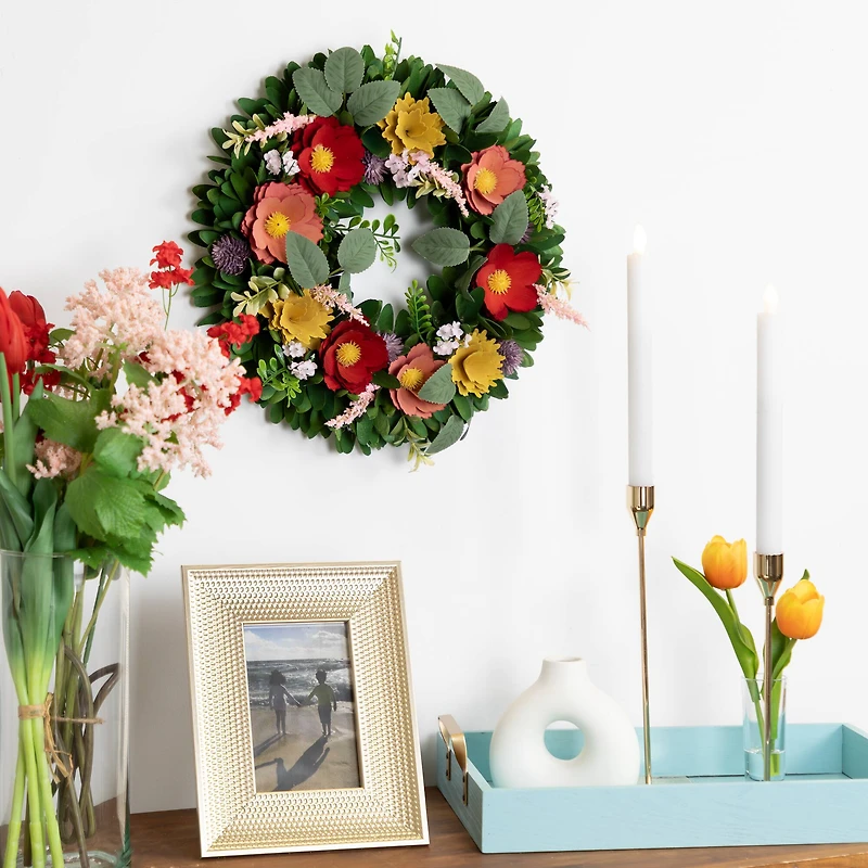 13.75" Wooden Mixed Floral & Foliage Artificial Spring Wreath