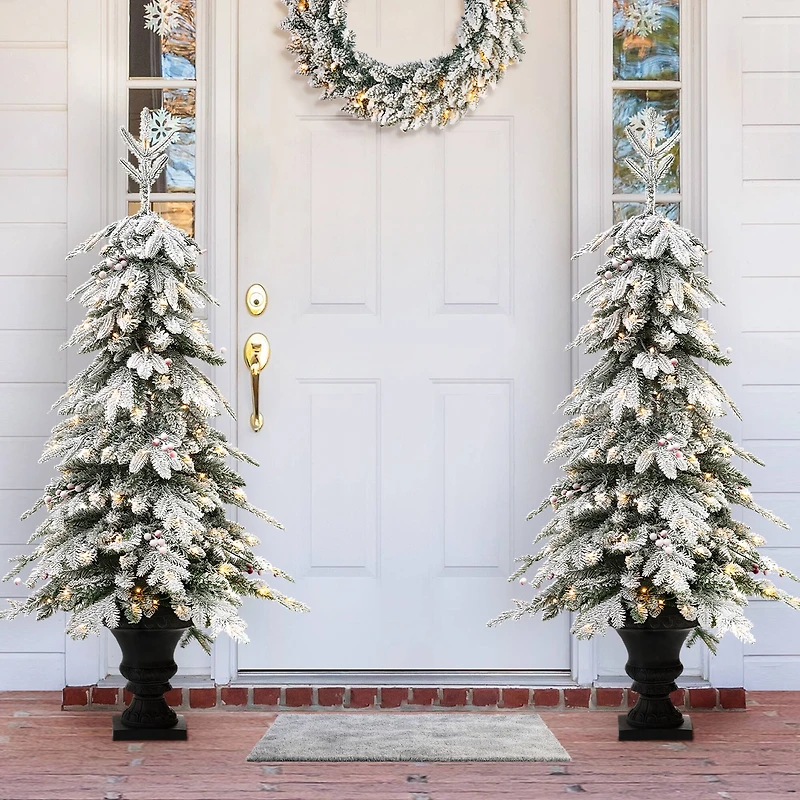2 Pack 5ft. Pre-Lit Flocked Fir Artificial Christmas Porch Tree in Planter, Warm White Lights