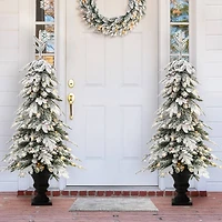 2 Pack 5ft. Pre-Lit Flocked Fir Artificial Christmas Porch Tree in Planter, Warm White Lights