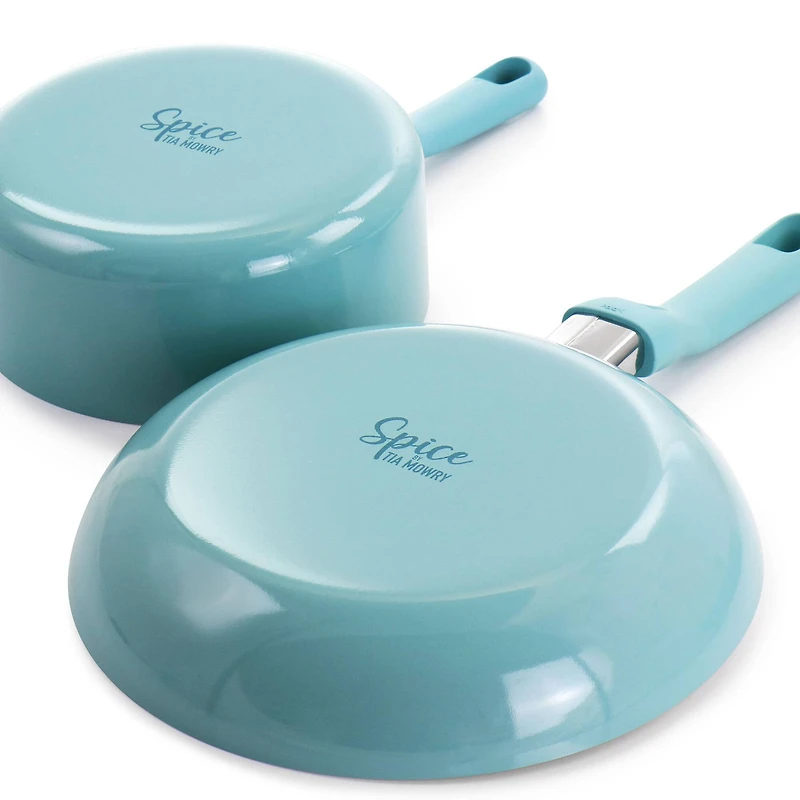 Spice by Tia Mowry Savory Saffron Light Blue 7 Piece Ceramic Nonstick Aluminum Cookware Set with Nylon Utensils