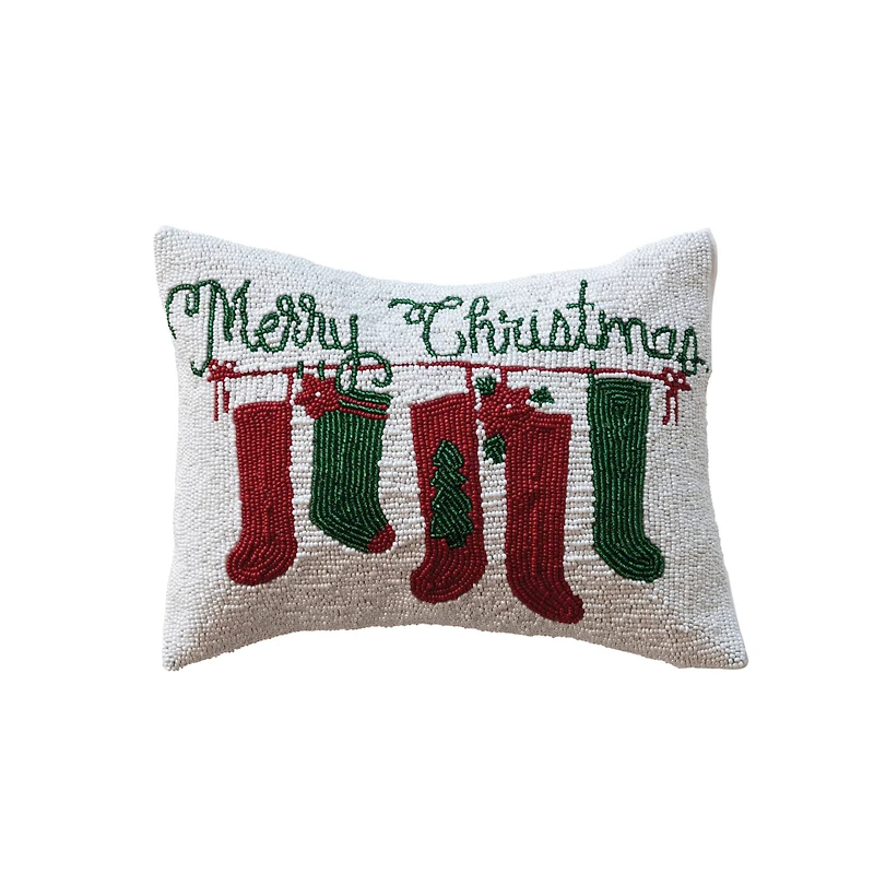 Hello Honey® 14" x 10" Merry Christmas Cotton Beaded Lumbar Pillow with Stockings & Velvet Back
