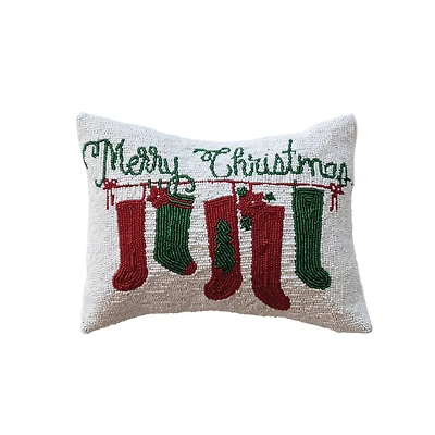 Hello Honey® 14" x 10" Merry Christmas Cotton Beaded Lumbar Pillow with Stockings & Velvet Back