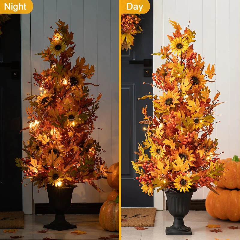 Glitzhome® 48" Fall Lighted Maple Leaf & Sunflower Urn Porch Tree with Timer