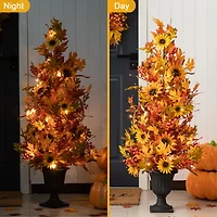 Glitzhome® 48" Fall Lighted Maple Leaf & Sunflower Urn Porch Tree with Timer
