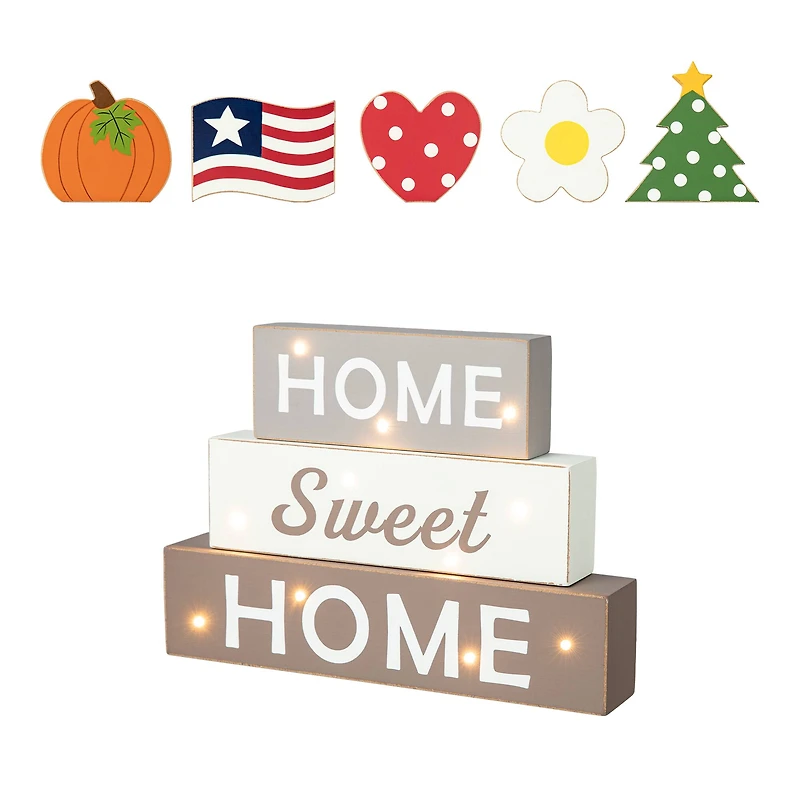 Glitzhome® 13" Lighted Wooden Block Word Sign with Changeable Top