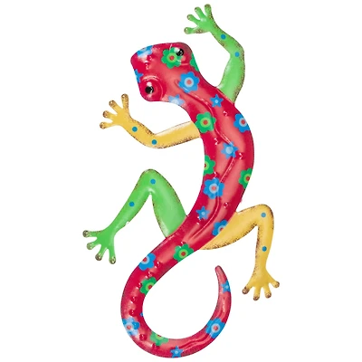 12" Red Floral Metal Outdoor Wall Hanging Lizard