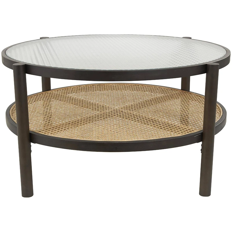 34" Brown Rattan Coffee Table with Pressed Tempered Glass Top