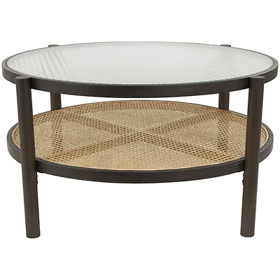 34" Brown Rattan Coffee Table with Pressed Tempered Glass Top