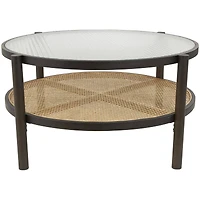 34" Brown Rattan Coffee Table with Pressed Tempered Glass Top