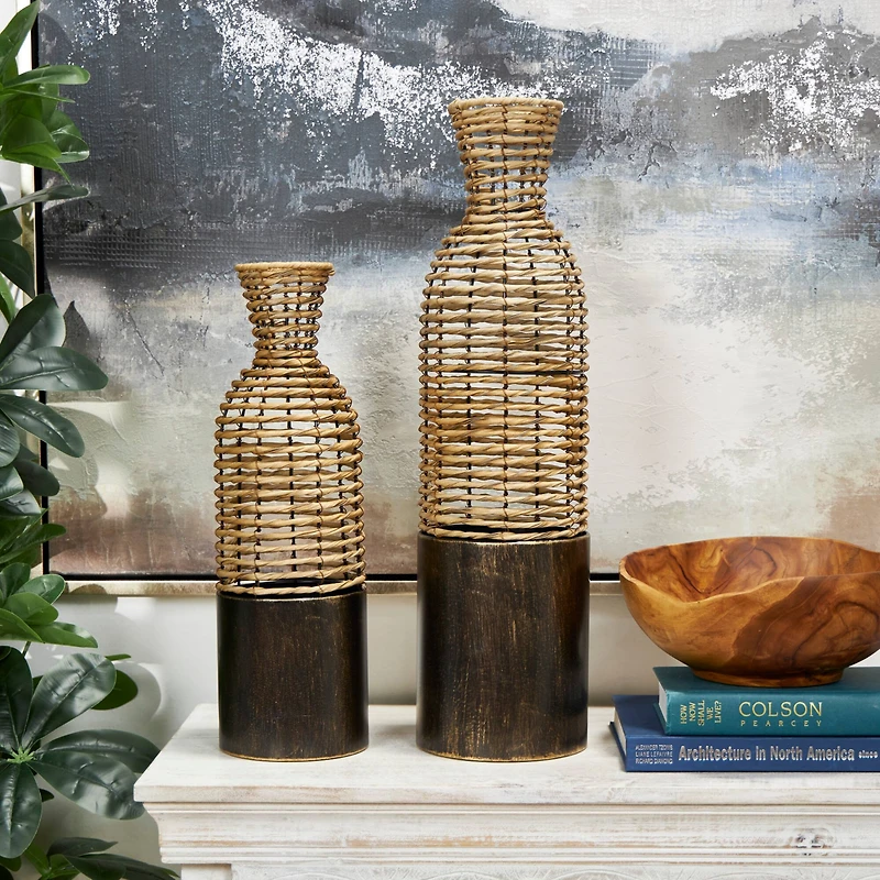 Light Brown Plastic Rattan Handmade Vase Set