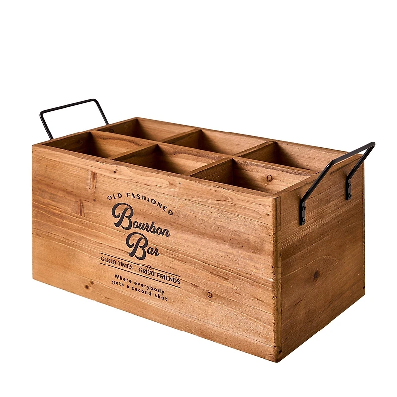 American Art Decor The Bourbon Bar Wood Crate Bottle Holder with Metal Handles - 7" x 14" x 8"