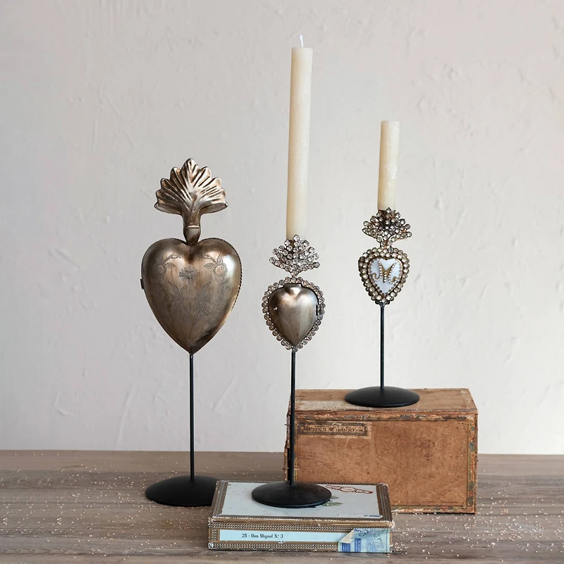 Hello Honey® 13" Black & Antique Silver Finish Tall Metal Sacred Heart Taper Candleholder with Jewels