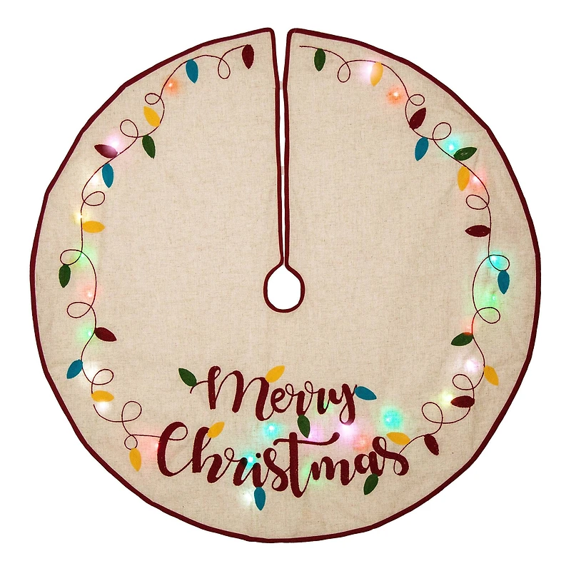 Glitzhome® 48" LED Embroidered Merry Christmas Linen Christmas Tree Skirt