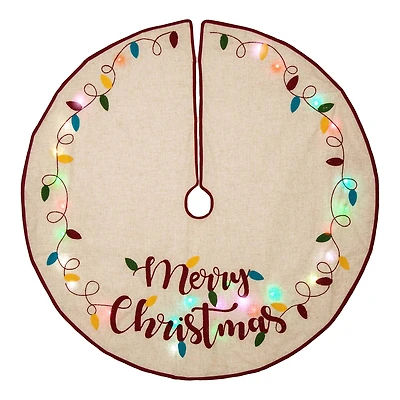 Glitzhome® 48" LED Embroidered Merry Christmas Linen Christmas Tree Skirt